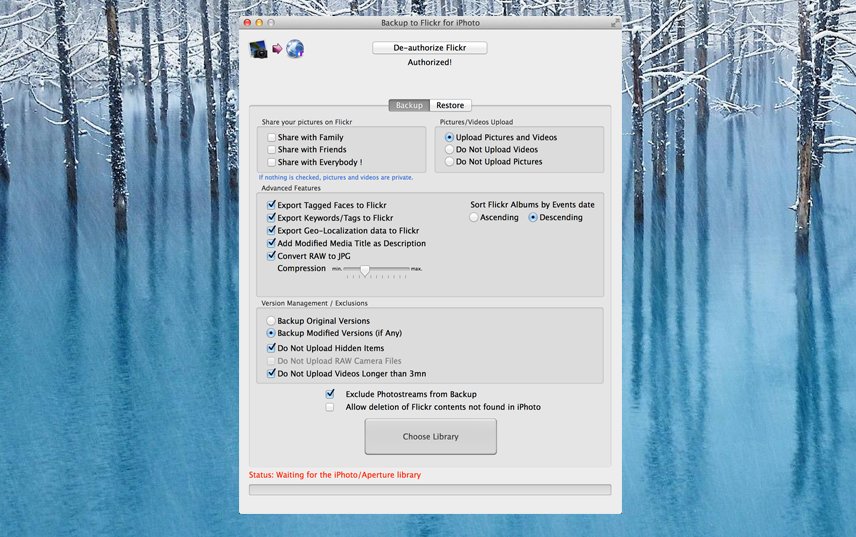 Backup to Flickr for iPhoto 2.9 : Main Window