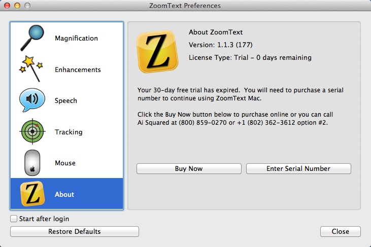 ZoomText 1.1 : Configuration Window