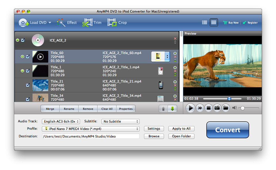 AnyMP4 DVD to iPod Converter for Mac 6.1 : Main Window