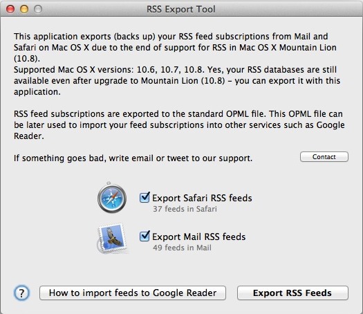 RSS Export 1.1 : Main window