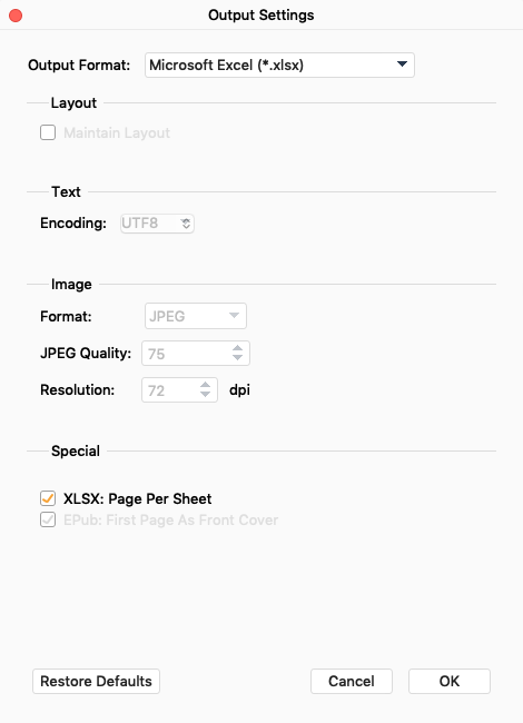 Aiseesoft Mac PDF Converter Ultimate 3.2 : XLSX Output Options