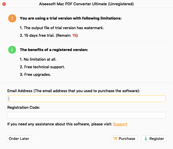 Aiseesoft Mac PDF Converter Ultimate 3.2 : Trial Limitations Window