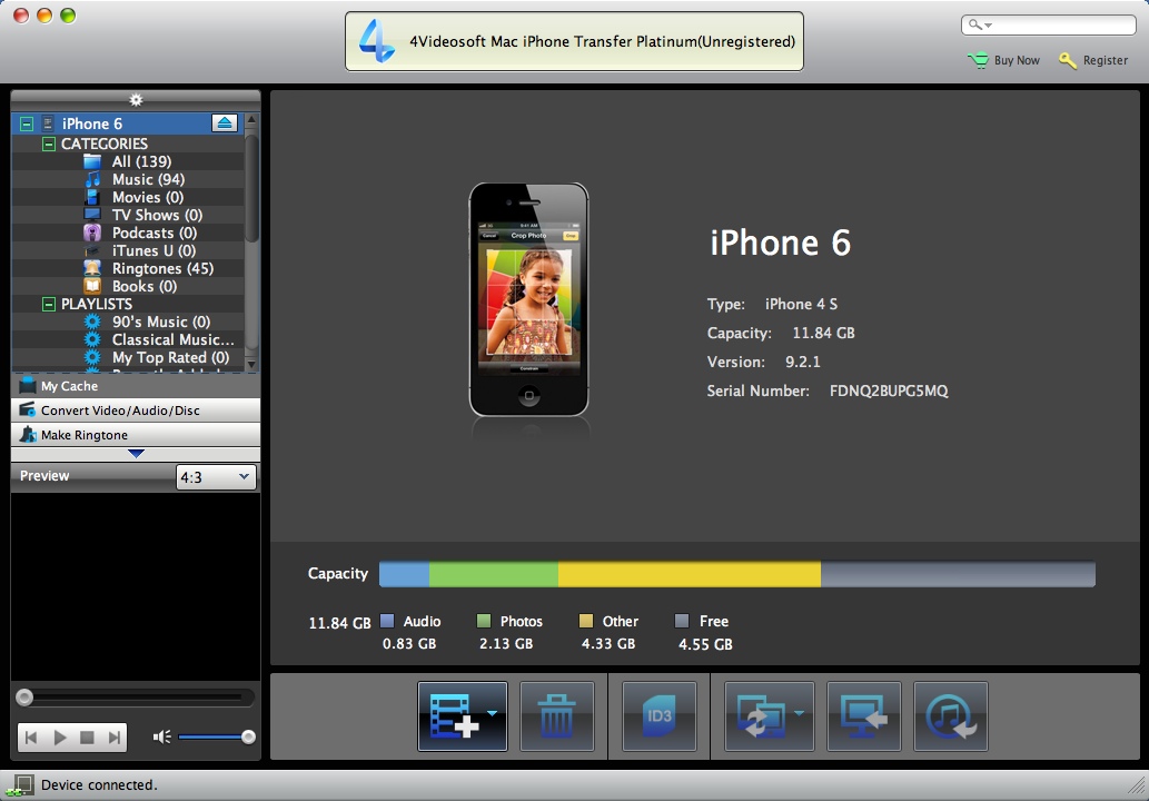 4Videosoft Mac iPhone Transfer Platinum 7.0 : Main Window