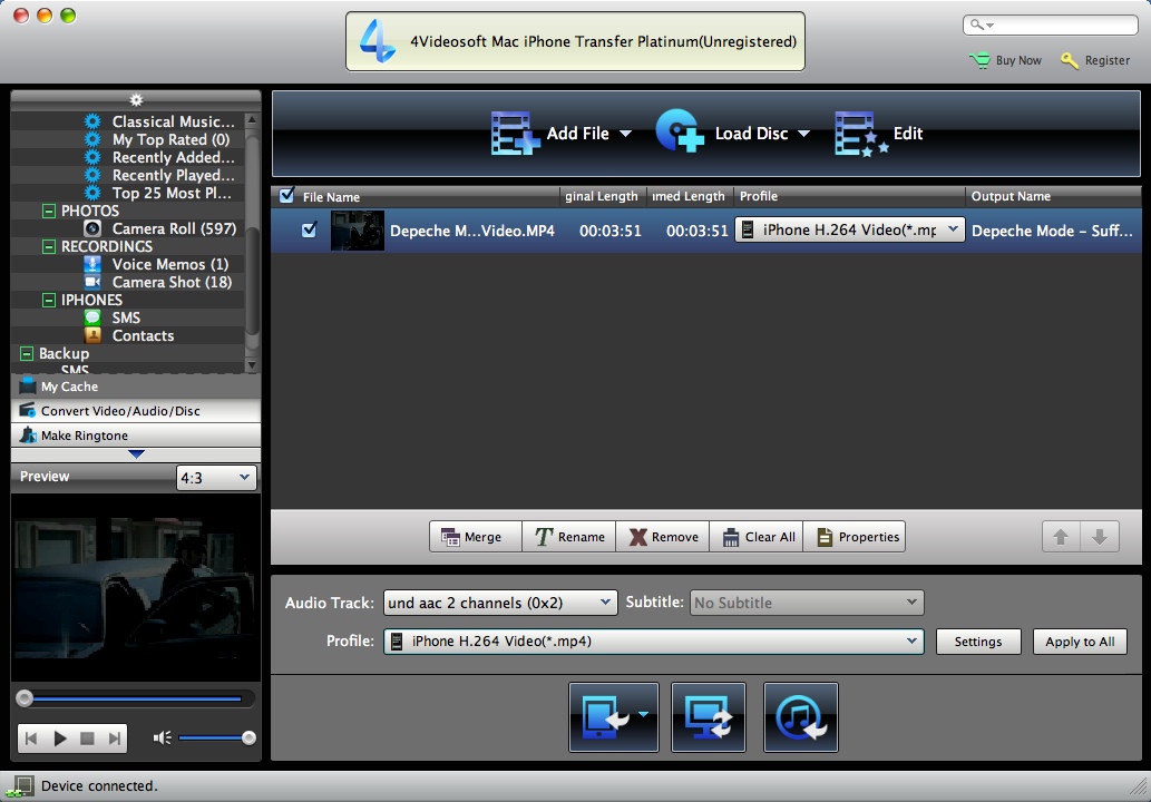 4Videosoft Mac iPhone Transfer Platinum 7.0 : Media Converter Window