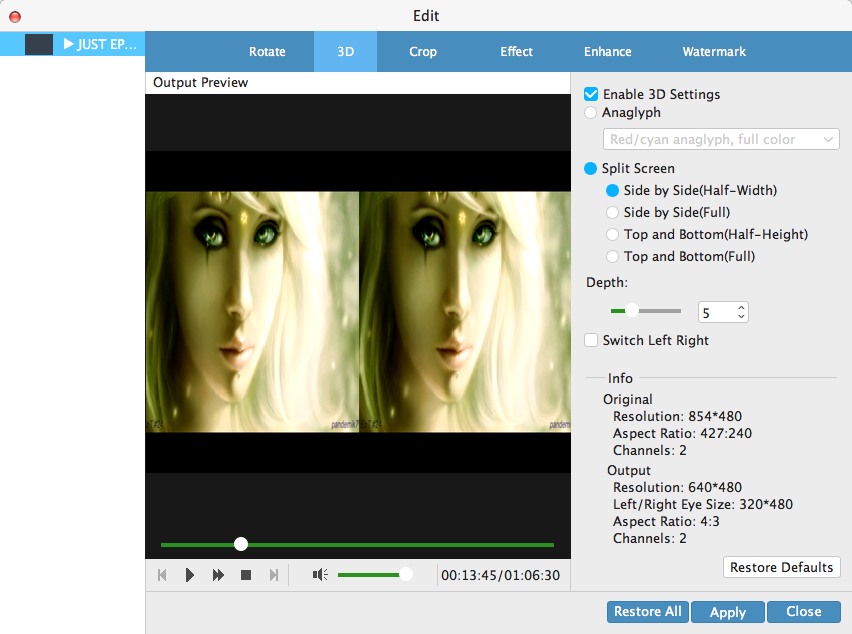 Tipard Video Converter for Mac 5.0 : 3D Options