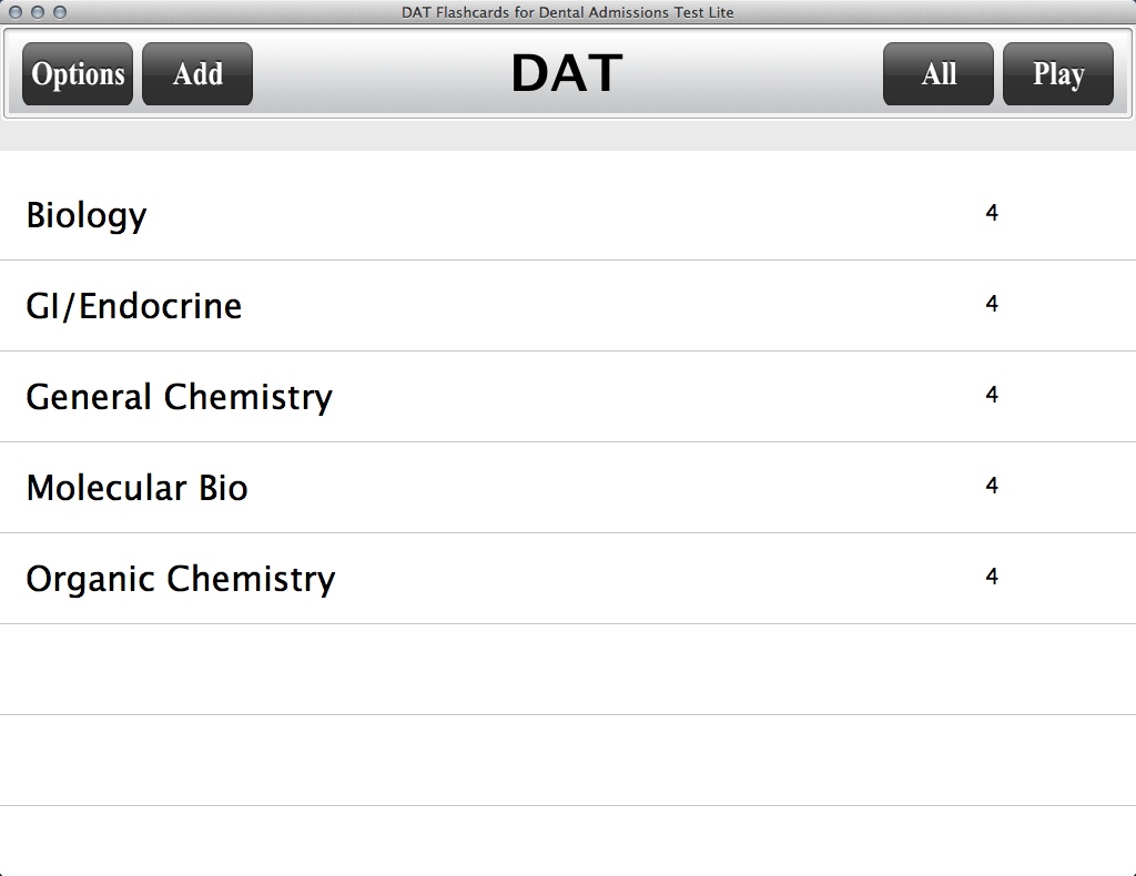 DAT Flashcards for Dental Admissions Test 2.4 : Main Window