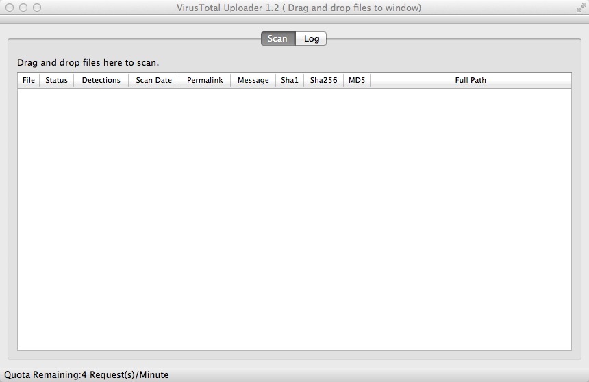 VirusTotal Mac OS X Uploader 1.2 : Main Window