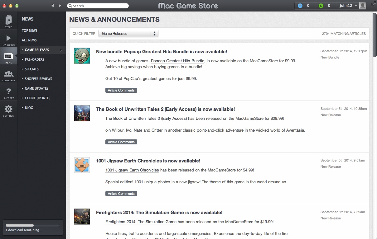 MacGameStore 2.6 : News & Announcements Window