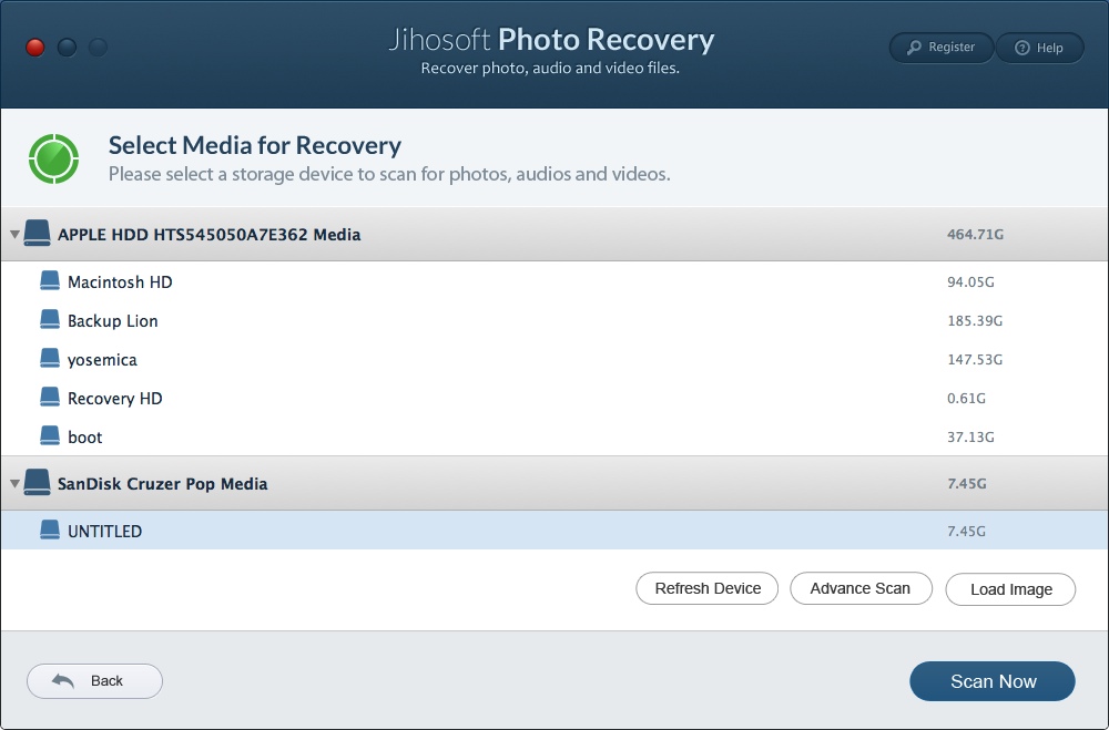 Jihosoft Photo Recovery for Mac 3.0 : Select Drive For Scanning