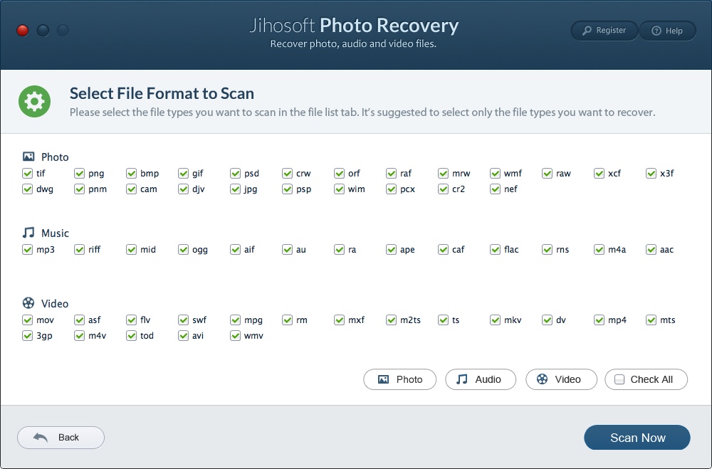Jihosoft Photo Recovery for Mac 3.0 : Selecting File Formats For Scanning