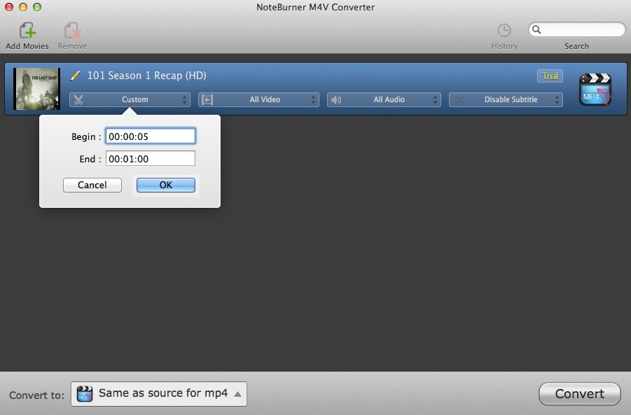 NoteBurner M4V Converter for Mac 4.1 : Trimming Input Video