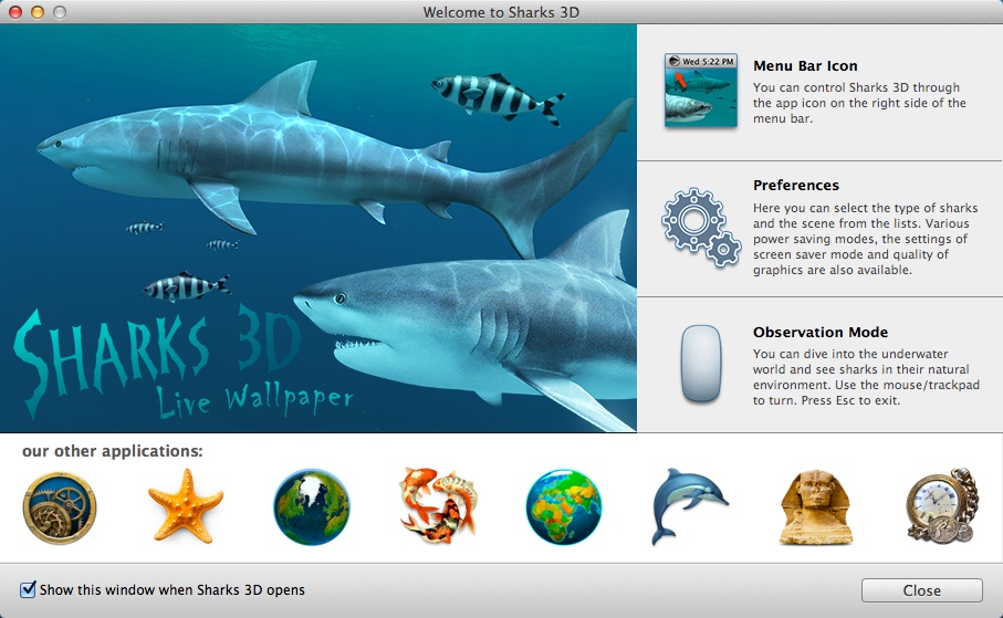 Sharks 3D 1.1 : Welcome Window