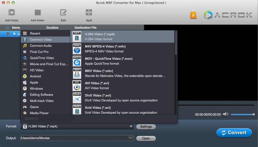 Acrok MXF Converter for Mac 2.9 : Conversion Options
