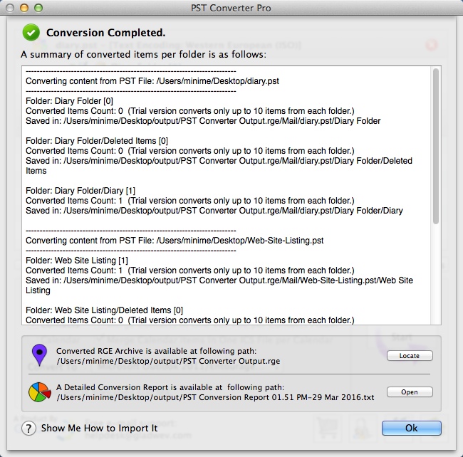PST Converter Pro 2.1 : Completed Conversion Window