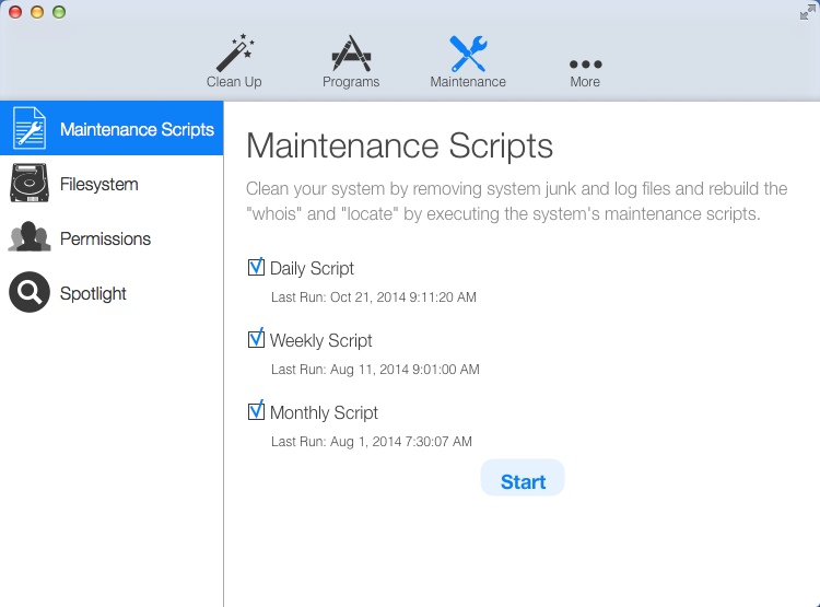 CleanApp 5.0 beta : Maintenance Scripts Window