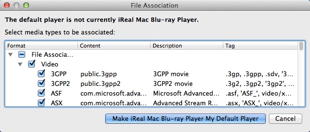 iReal Mac Blu-ray Player 3.2 : File Associations Window
