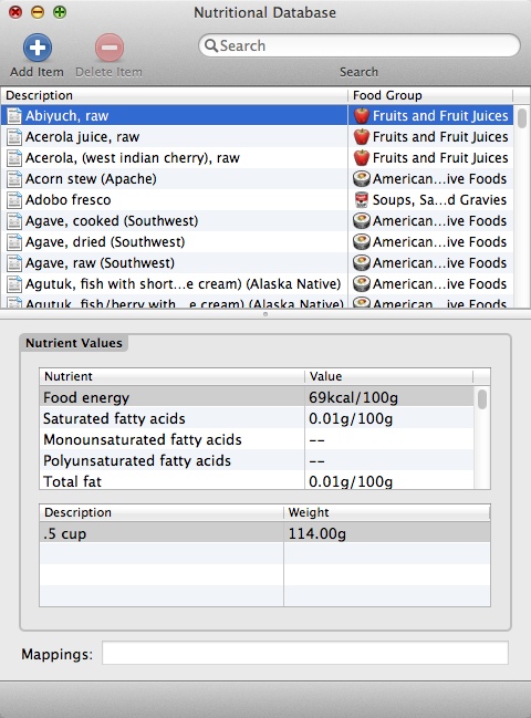 MacGourmet Deluxe 4.1 : Nutritional Database Window