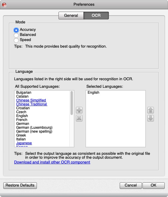 Any PDF to Word Converter 3.1 : OCR Preferences