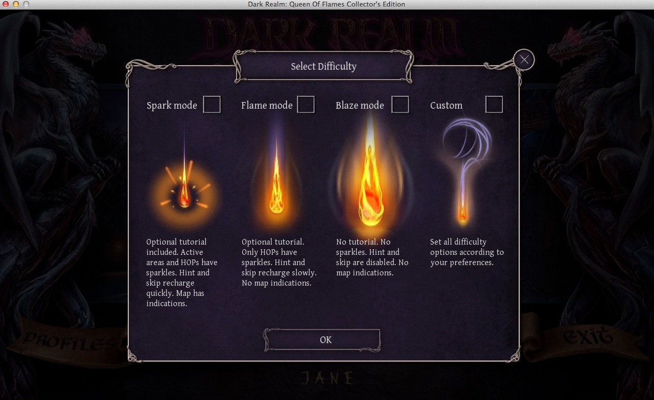 Dark Realm: Queen of Flames Collector's Edition : Selecting Game Difficulty