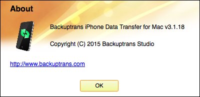Backuptrans iPhone Data Transfer 3.1 : About Window