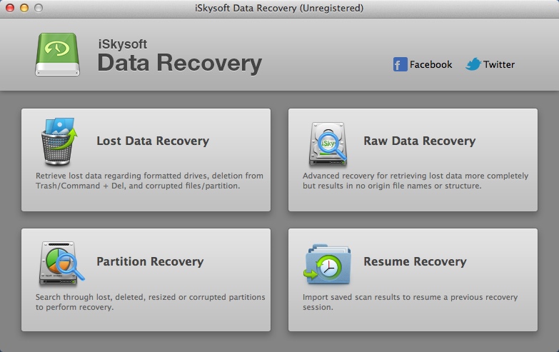 iSkysoft Data Recovery 2.4 : Main Window