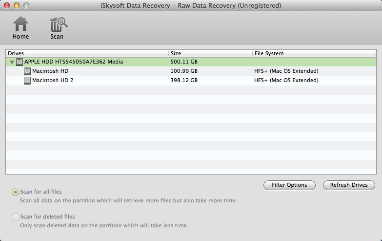 iSkysoft Data Recovery 2.4 : Raw Data Recovery Window