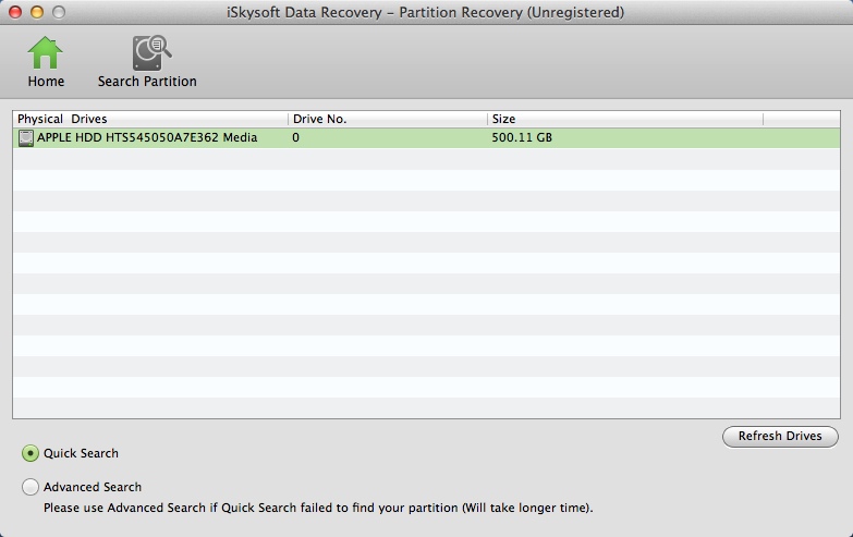 iSkysoft Data Recovery 2.4 : Partition Recovery Window