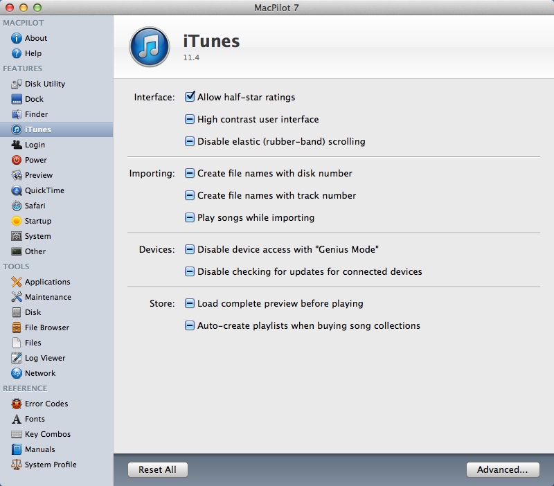 MacPilot 7.0 : iTunes Settings Window