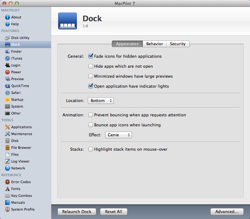MacPilot 7.0 : Dock Settings Window