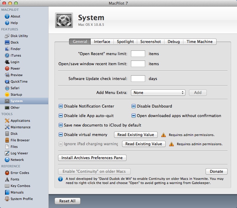 MacPilot 7.0 : System Settings Window