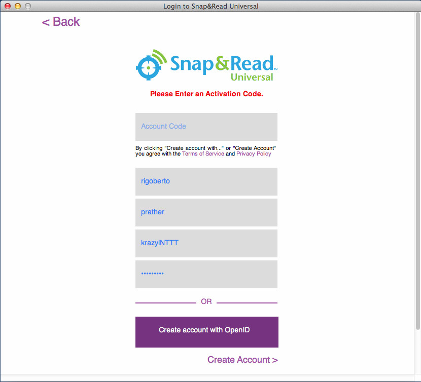 Snap&Read Universal 1.0 : Login Window