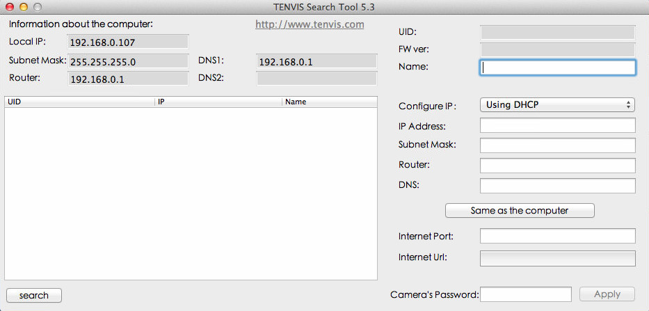TENVIS Search Tool 1.0 : Main Window