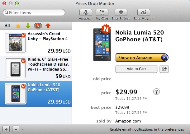 Prices Drop Monitor for Amazon 4.5 : Main Window