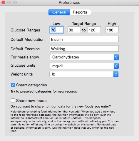 Diabetes Pilot 1.4 : Preferences Window