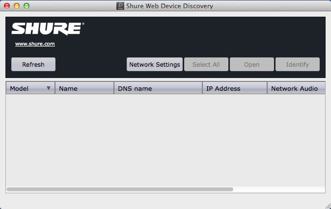 Shure Web Device Discovery 1.0 : Main Window