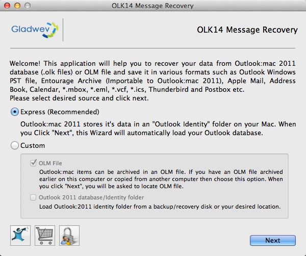 OLK14 Message Recovery 1.6 : Main window