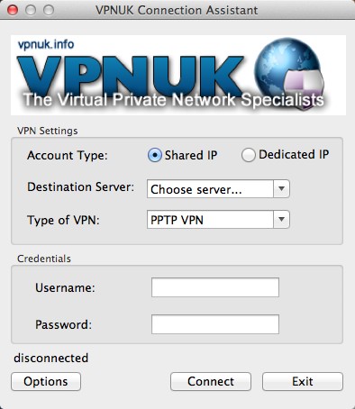 VPNUK Dialer 1.0 : Main Window