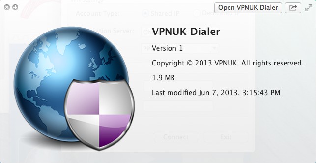 VPNUK Dialer 1.0 : About Window