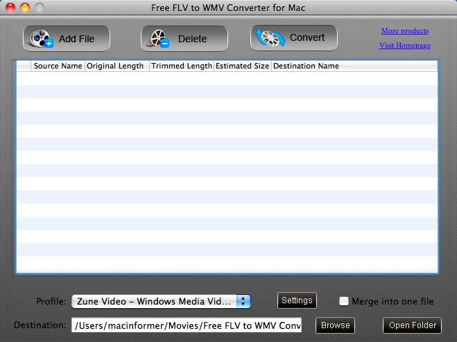Free FLV to WMV Converter for Mac 1.0 : Main window