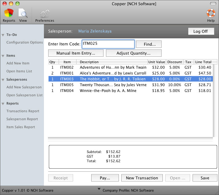 Copper Point of Sales Software 1.32 : Main Window