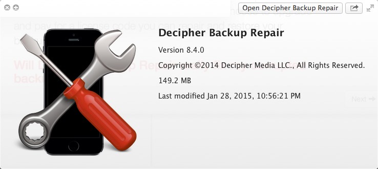 Decipher Backup Repair 8.4 : Version Window