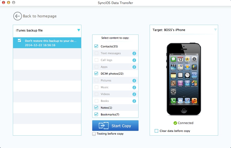 SynciOS Data Transfer 1.0 : Restoring iTunes Backup File To iPhone