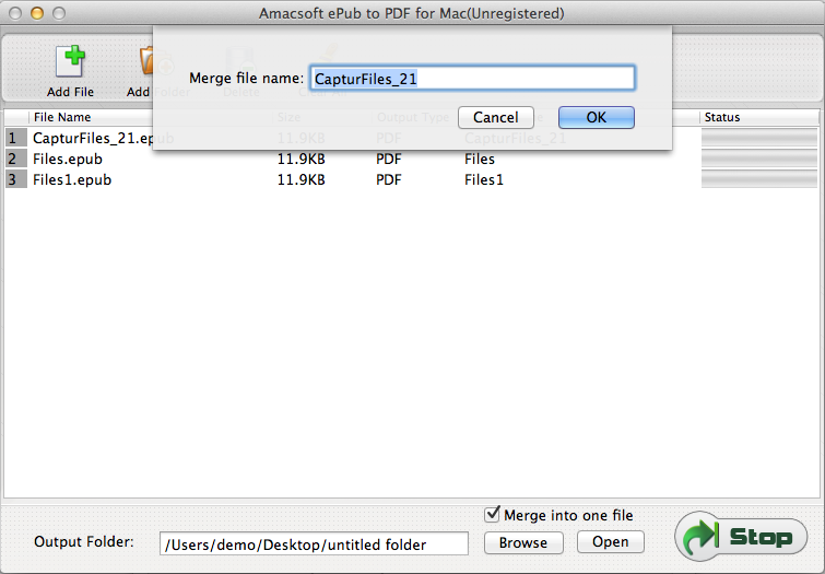 Amacsoft ePub to PDF for Mac 2.1 : Merge Window