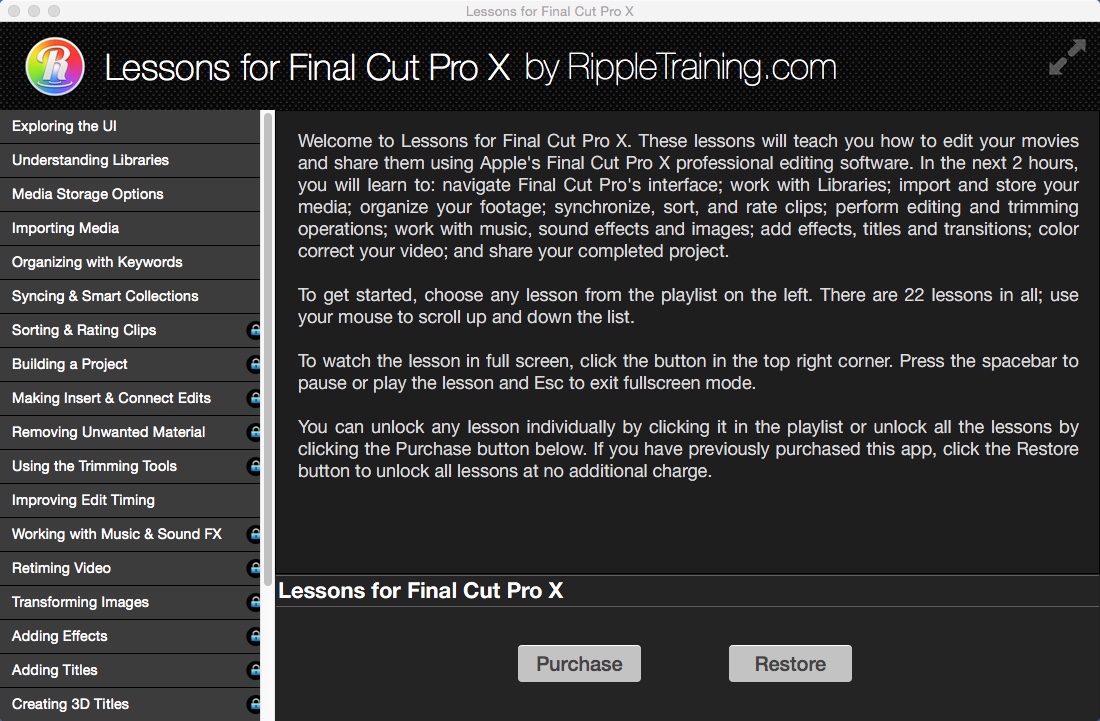 Lessons for Final Cut Pro X 1.0 : Welcome Window