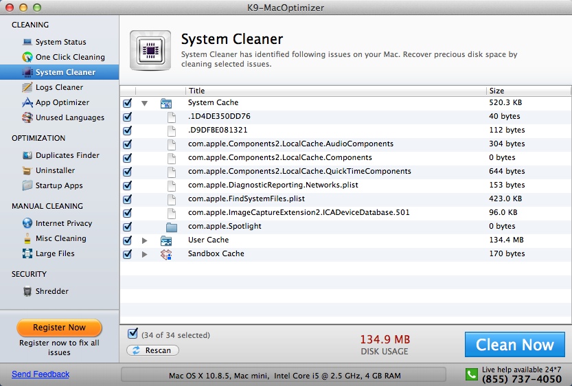 K9-MacOptimizer 9.0 : System Cleaner Window