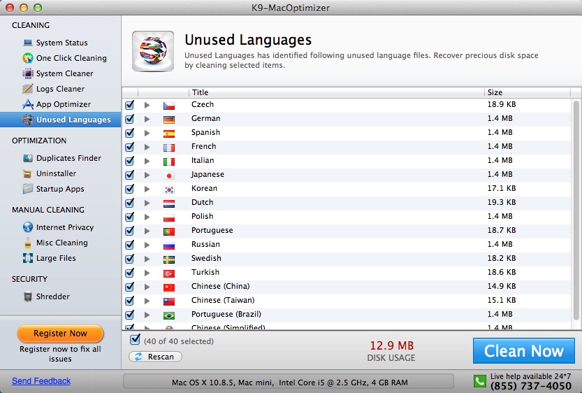 K9-MacOptimizer 9.0 : Unused Languages Window
