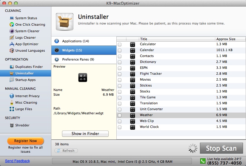 K9-MacOptimizer 9.0 : App Uninstaller Window
