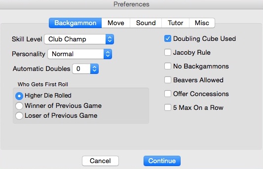Absolute Backgammon 8.7 : Preferences Window