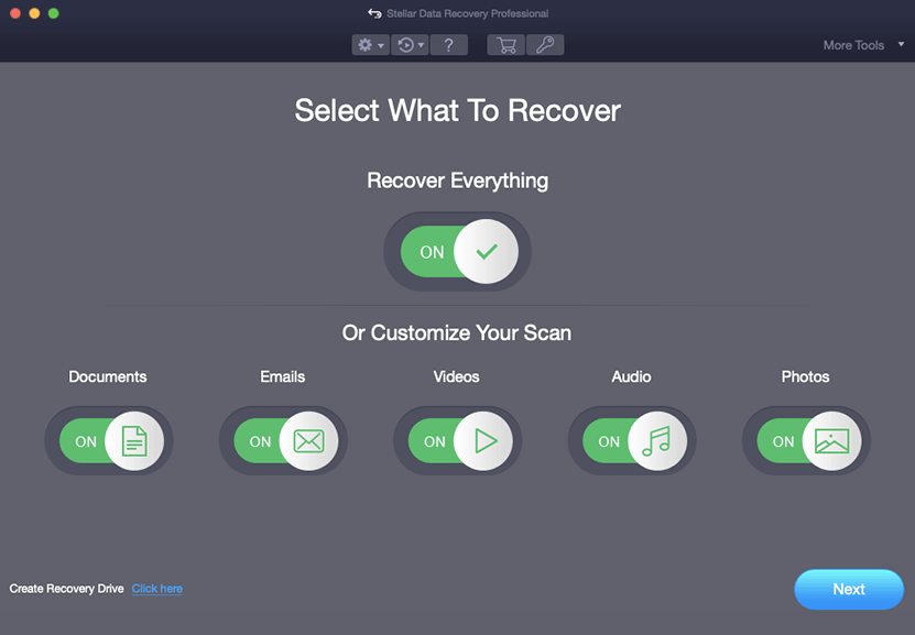 Stellar Data Recovery Professional for Mac 11.6 beta : Select the file type you want to recover, then click "Next"