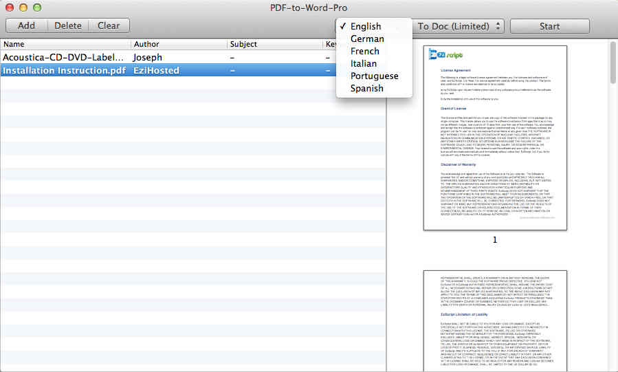 PDF-to-Word-Pro 1.0 : OCR Language Options